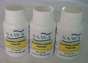 Sawa Bladder Cancer Fighter Capsules. Active ingredients get inot the Bladder and stays there killing Bladder Cancer cells. Take 3 a day with breakfast.