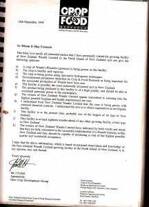 Letter from Crop and Food 1995
