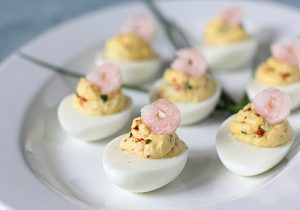 shrimp-deviled-eggs-2 Shrimp devilled eggs with shrimp as top decoration.